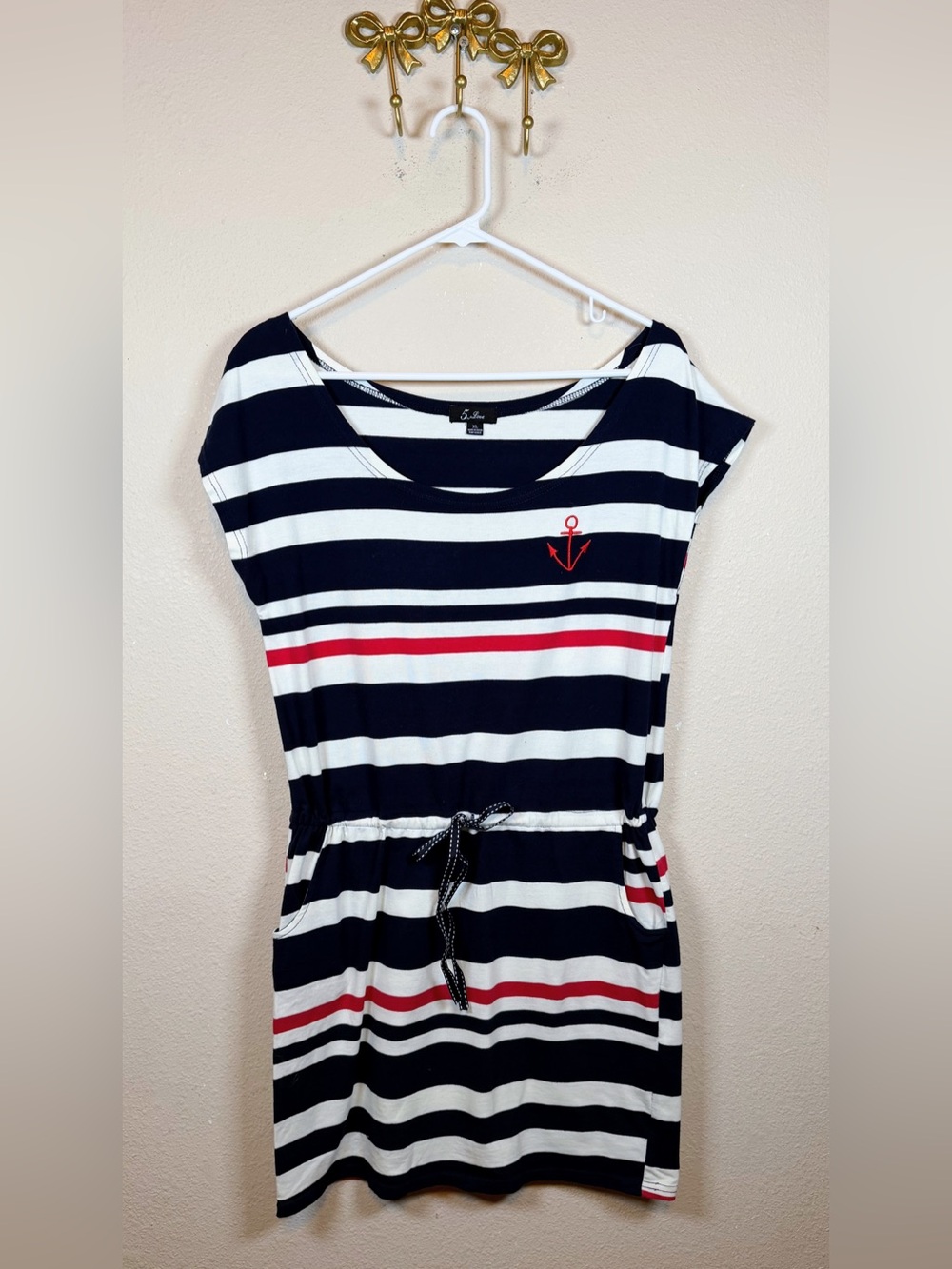 5th & Love Navy, White & Red Striped Mini Dress with drawstring waist. Size XL